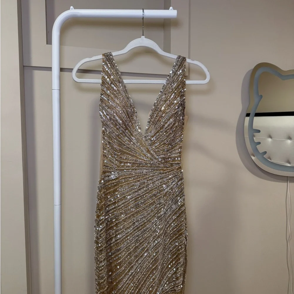 Jovani Gold Beaded Sequin Evening Gown - Picture 1 of 16